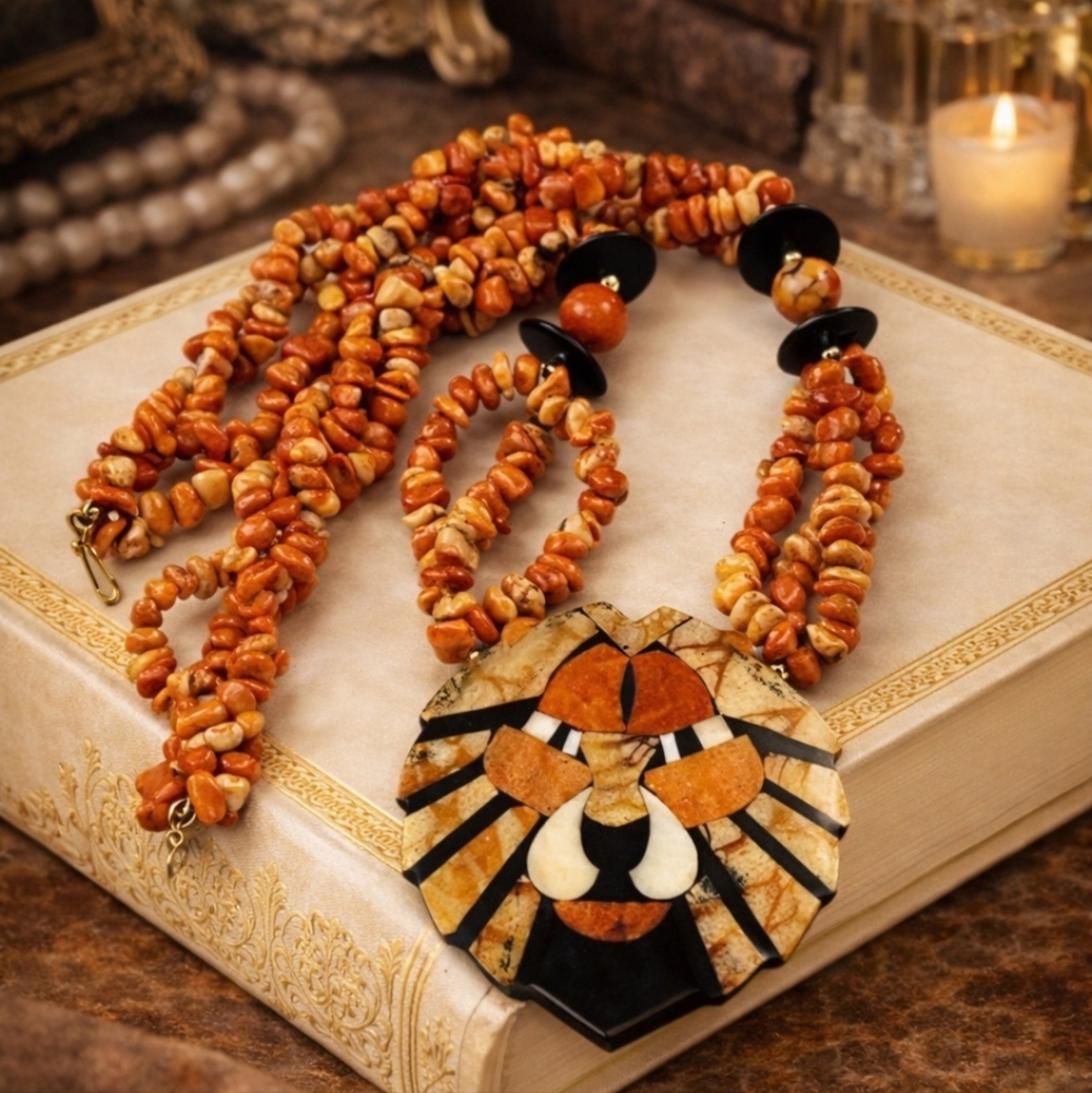 LEE SANDS APPLE CORAL LION PENDANT NECKLACE MULTI STRAND MOSAIC STATEMENT 1970s
